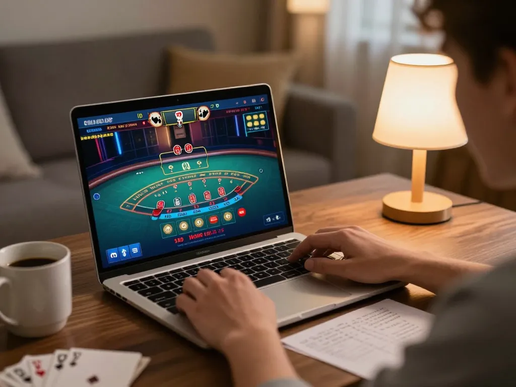 Player engaging in rikvip online casino gaming with laptop and strategy notes.