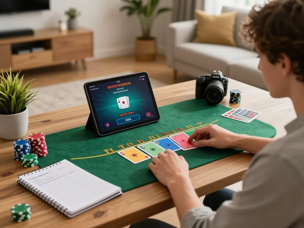 IWIN CLUB online blackjack gaming scene at home, featuring a player and tablet displaying cards and chips.