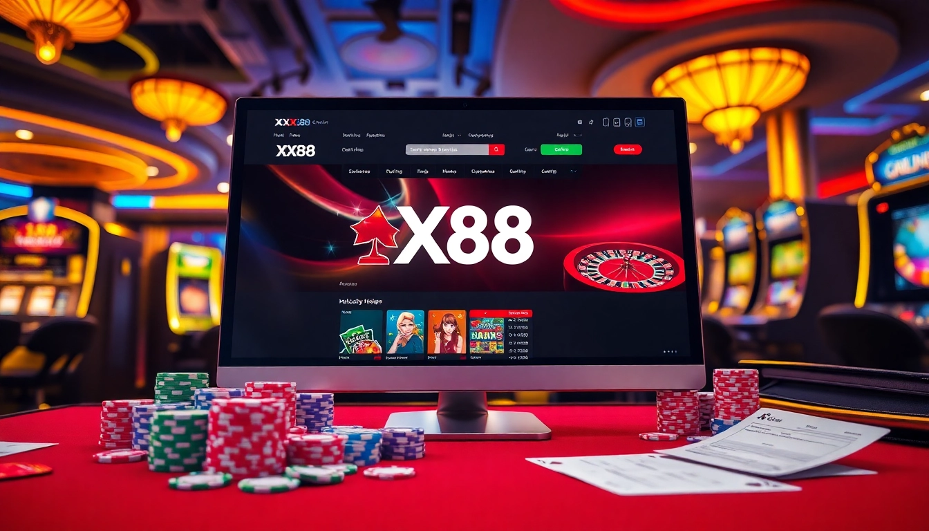 Action-packed gambling atmosphere with XX88 online casino display and vibrant gaming elements.