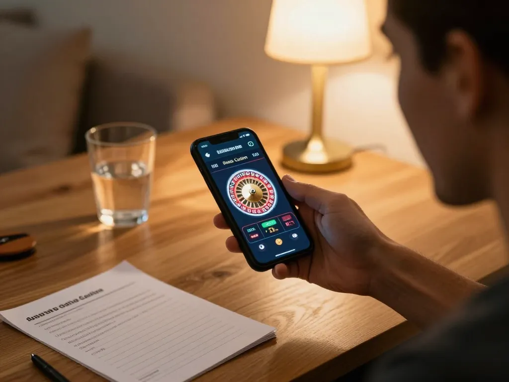 Engaging moment of a player using smartphone for South African Online Casinos during live roulette game.