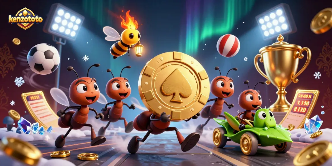 Experience the thrills of kenzototo with playful ants carrying a giant poker chip through a vibrant casino scene.