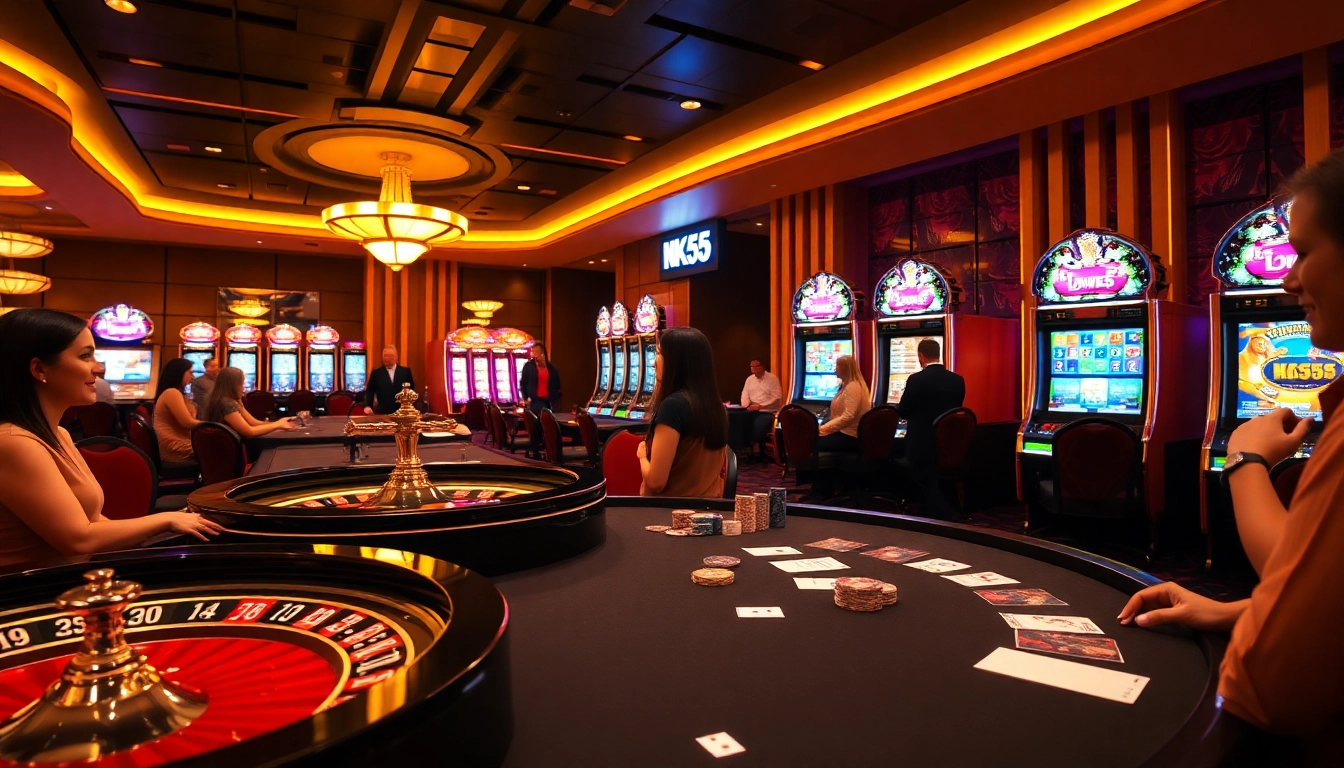 Players enjoying games at KK55 casino, showcasing vibrant tables, poker chips, and a roulette wheel.