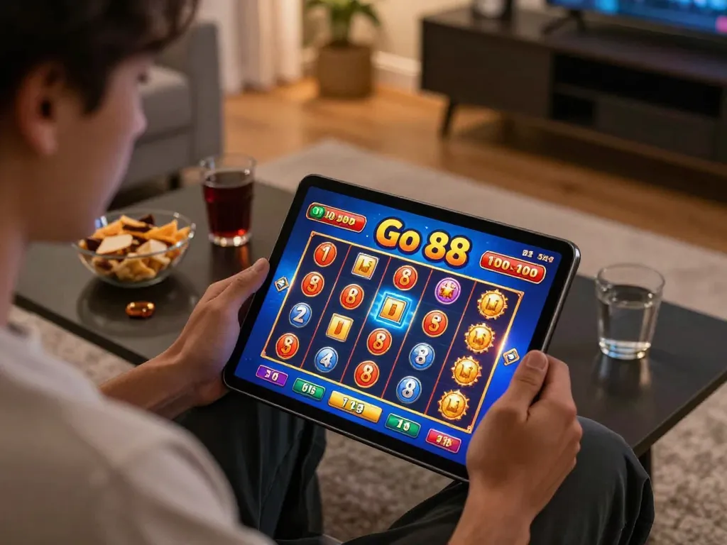 Player enjoying Go 88 slot machine game on tablet in cozy home setting.