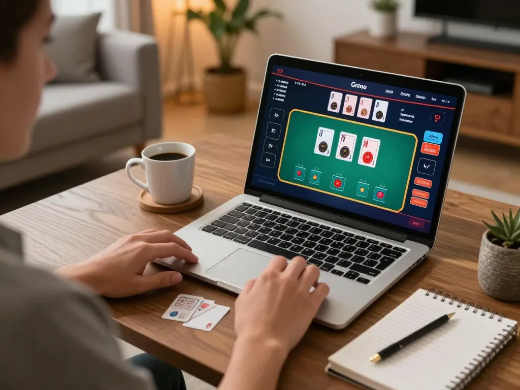 Playing poker online with the gem88 link on a laptop in a cozy home setting