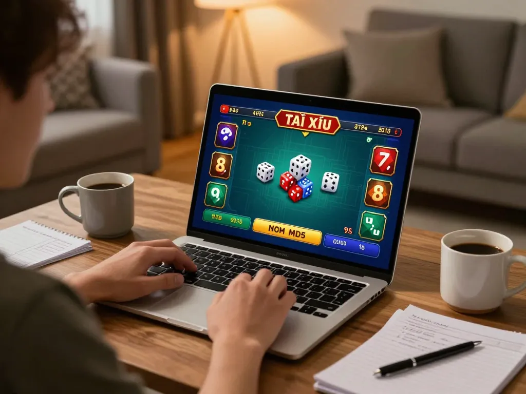 Tài Xỉu MD5 gameplay on a laptop, featuring engaging graphics and home atmosphere.